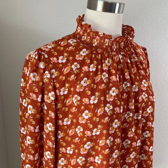 J Crew Womens Medium Floral Smocked Ruffle Neck Blouse Rust Orange Long Sleeve - Picture 3 of 10